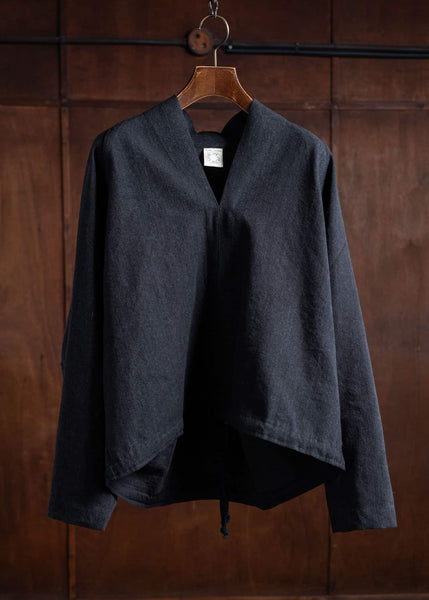 JAN-JAN VAN ESSCHE SWEAT#62 Kimono Collar Woven Sweat Wool Linen Canvas Black Mele