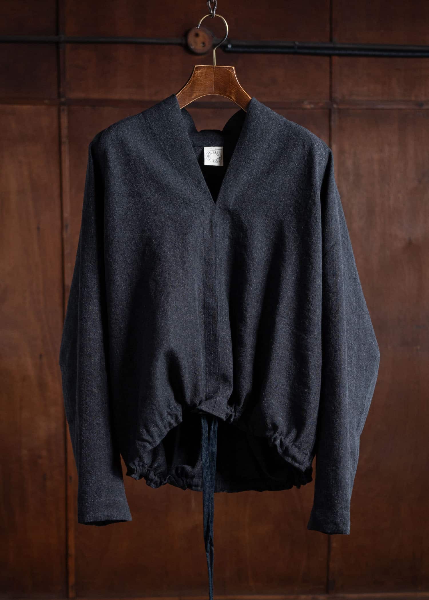 JAN-JAN VAN ESSCHE SWEAT#62 Kimono Collar Woven Sweat Wool Linen Canvas Black Mele