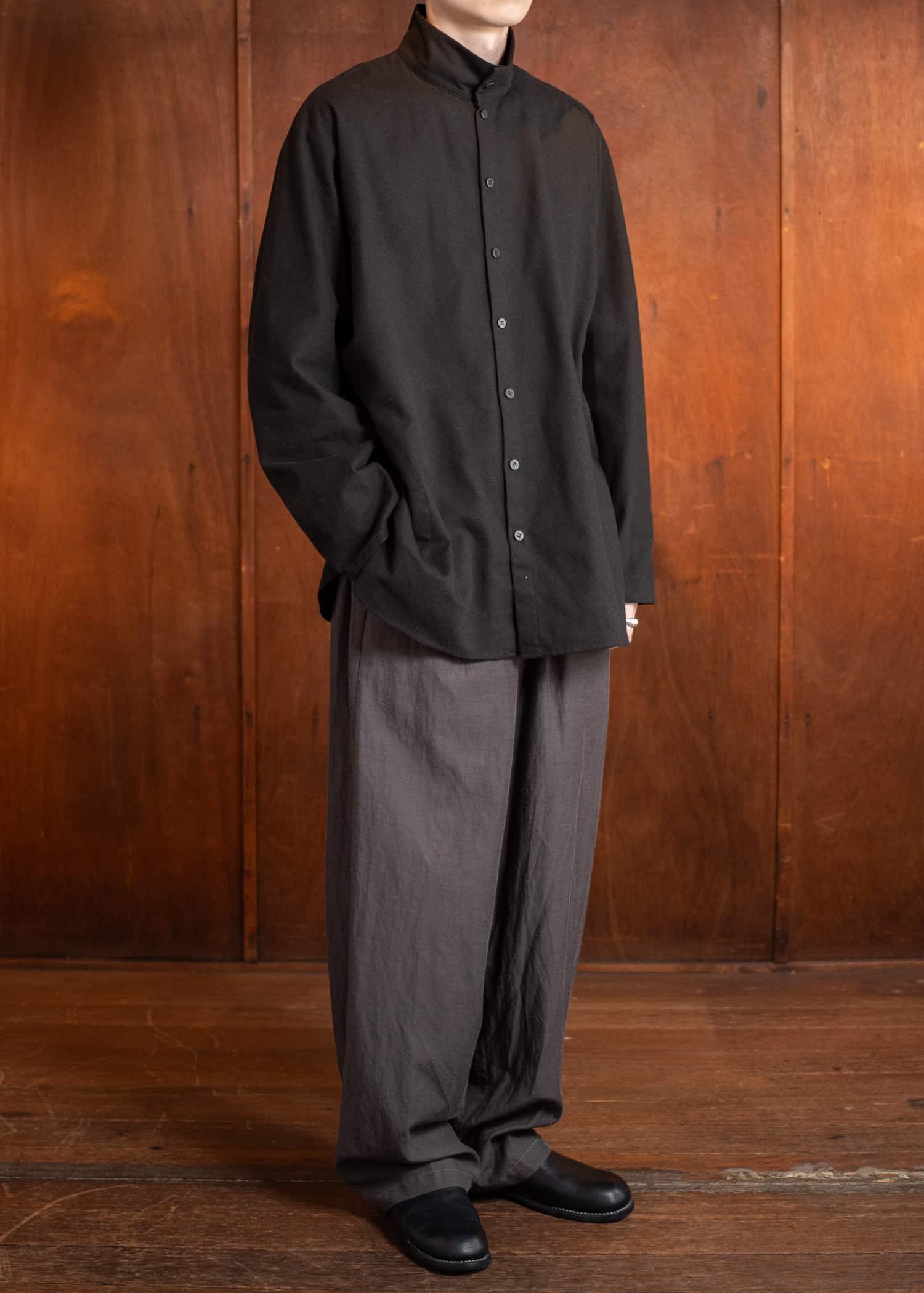 Jurgen Lehl flannel stand-up collar shirt, black and brown, J0551FBM121