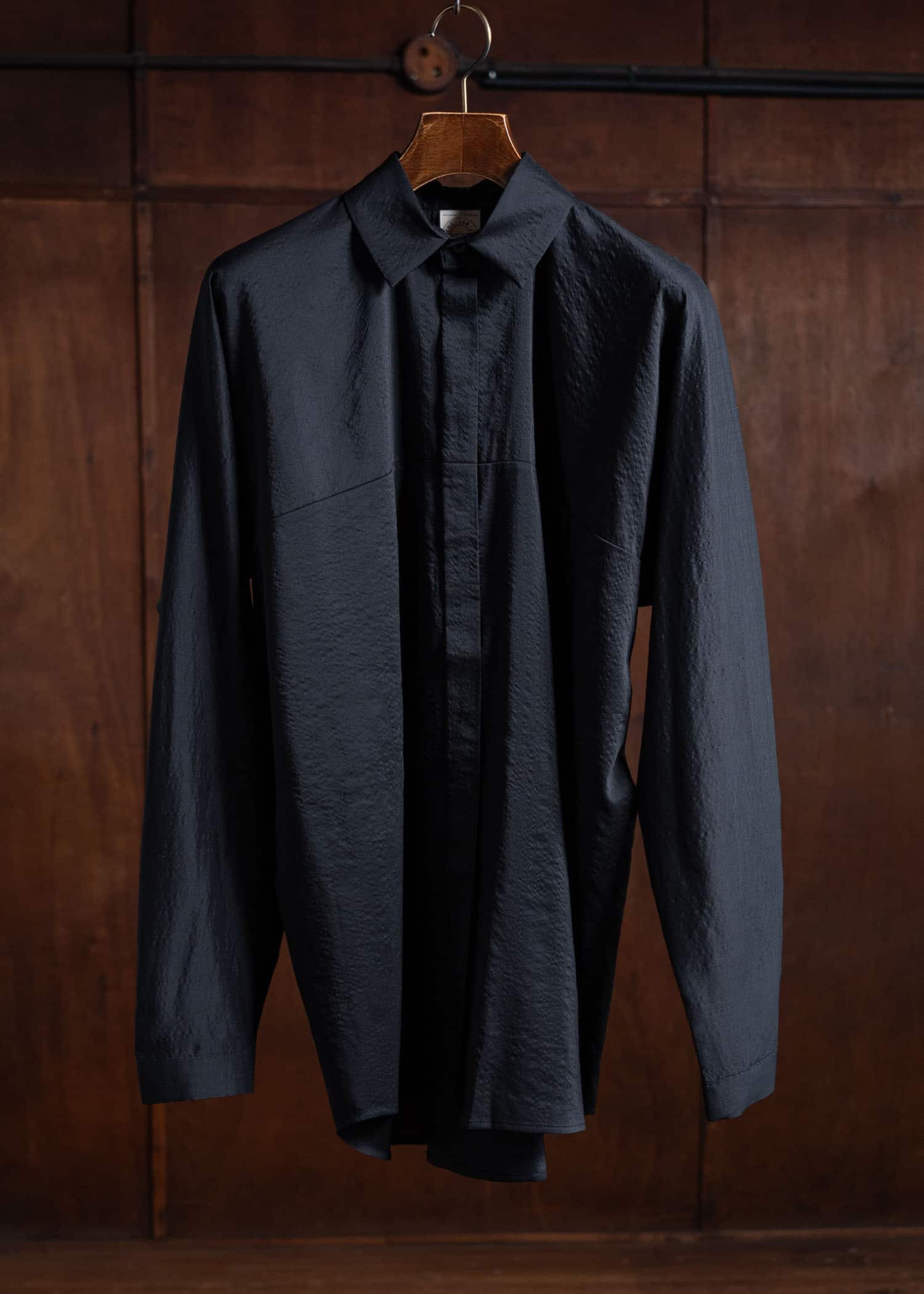 JAN-JAN VAN ESSCHE SHIRT#101 Loose Fit Button-Up Dress Shirt With Asymmetrical Back Pleat Boiled Wool Silk Cloth Black