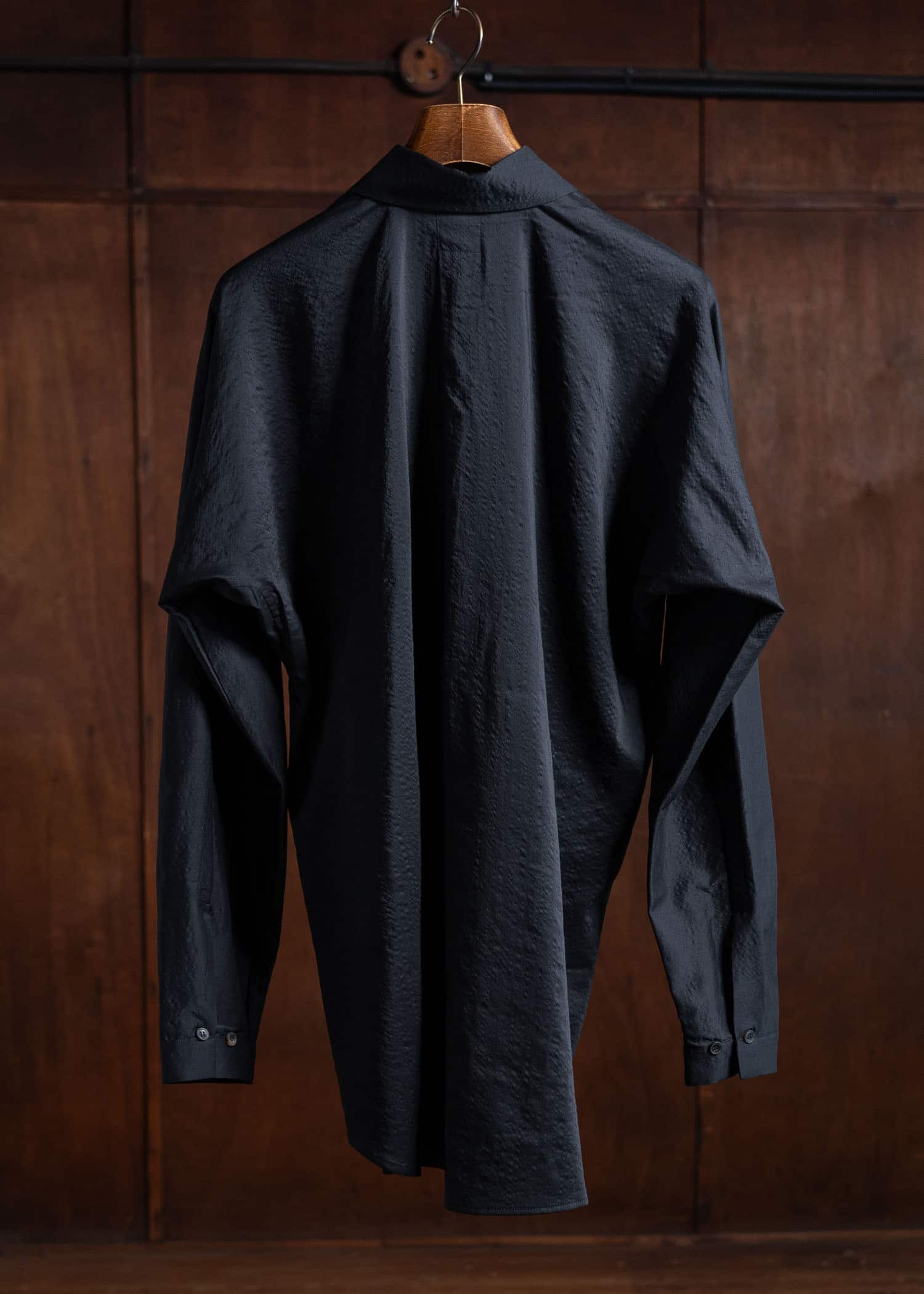 JAN-JAN VAN ESSCHE SHIRT#101 Loose Fit Button-Up Dress Shirt With Asymmetrical Back Pleat Boiled Wool Silk Cloth Black