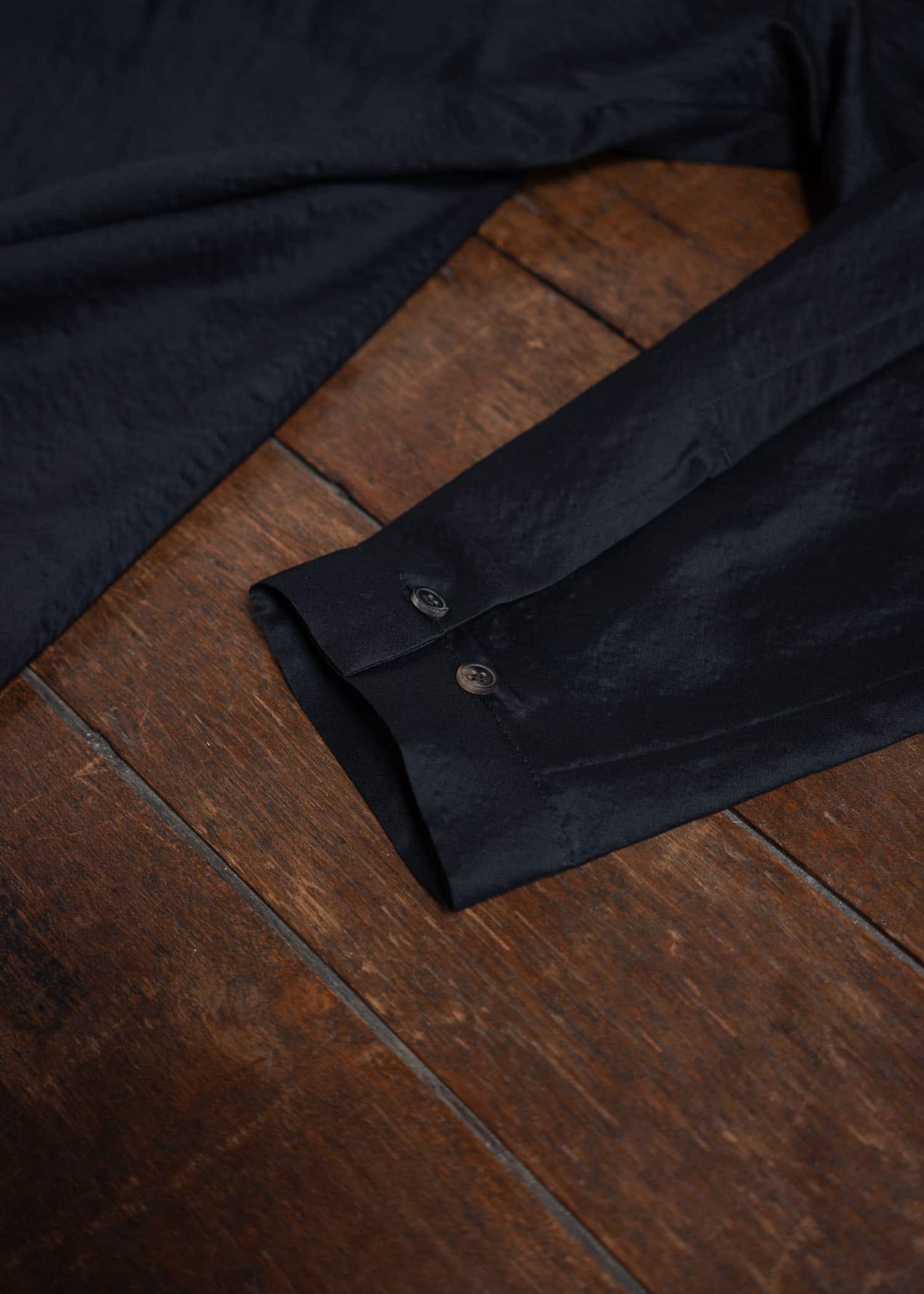 JAN-JAN VAN ESSCHE SHIRT#101 Loose Fit Button-Up Dress Shirt With Asymmetrical Back Pleat Boiled Wool Silk Cloth Black