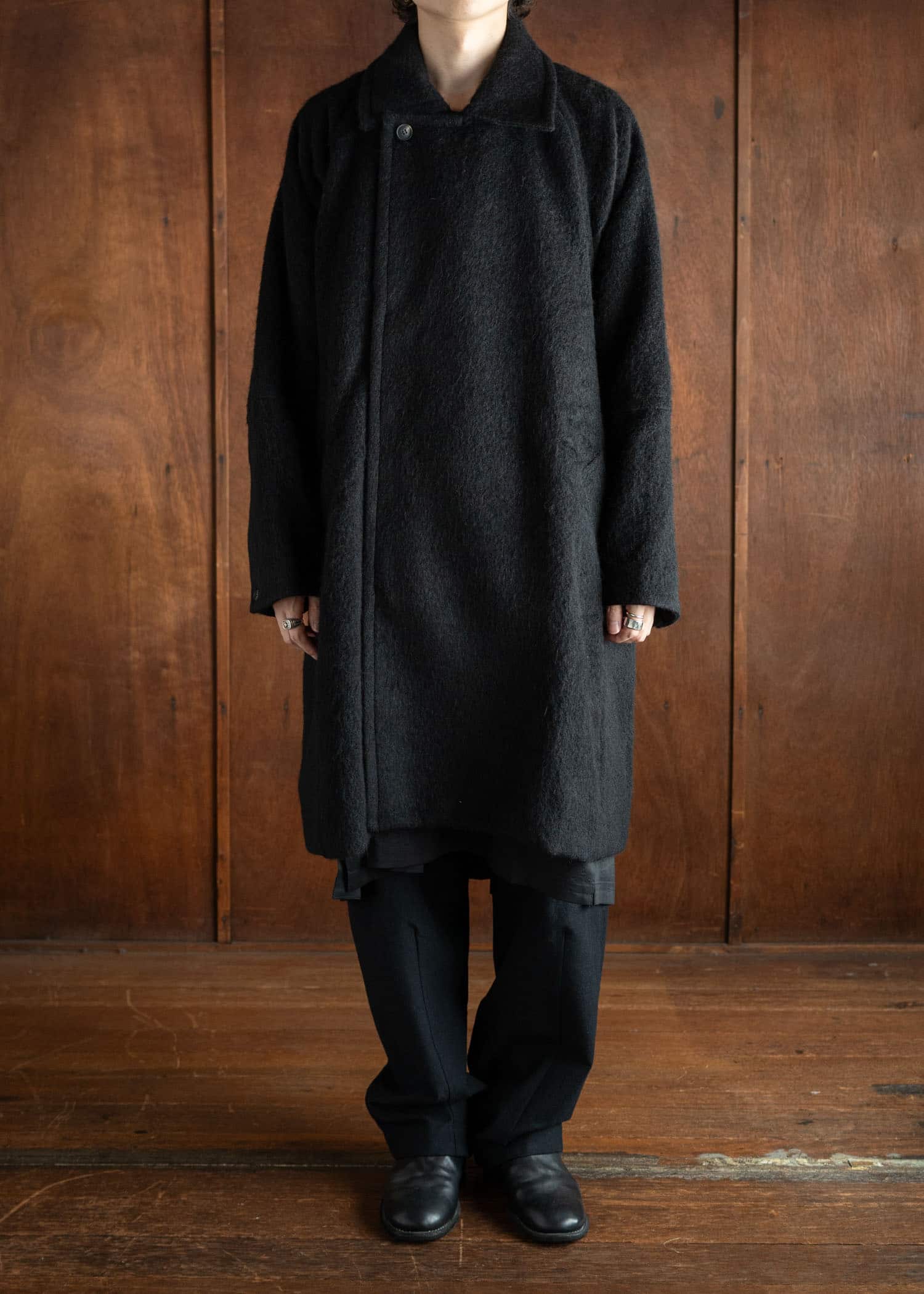 JAN-JAN VAN ESSCHE COAT#30 Oversized Double Breasted Car Coat Tumbled Herringbone Black