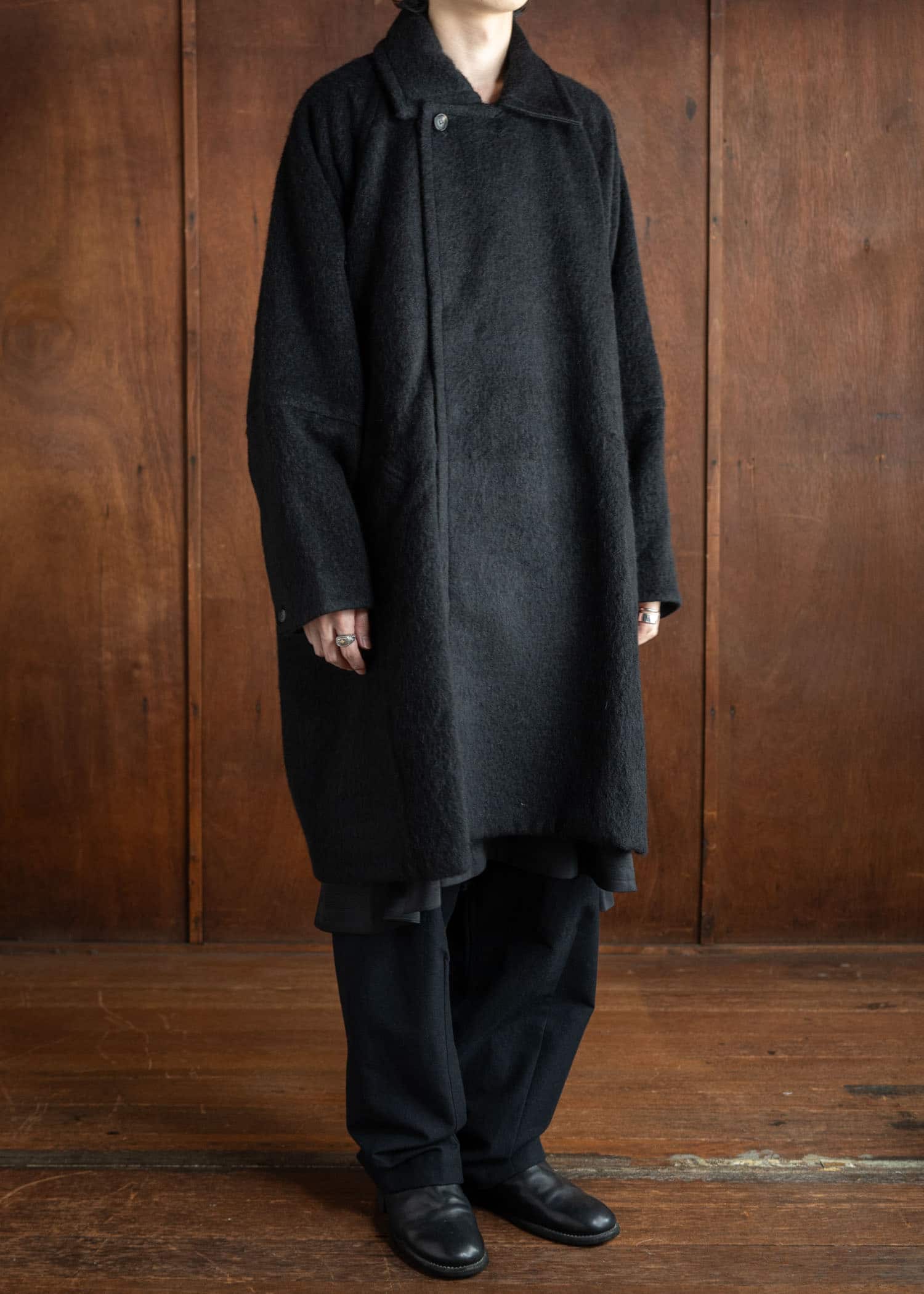 JAN-JAN VAN ESSCHE COAT#30 Oversized Double Breasted Car Coat Tumbled Herringbone Black