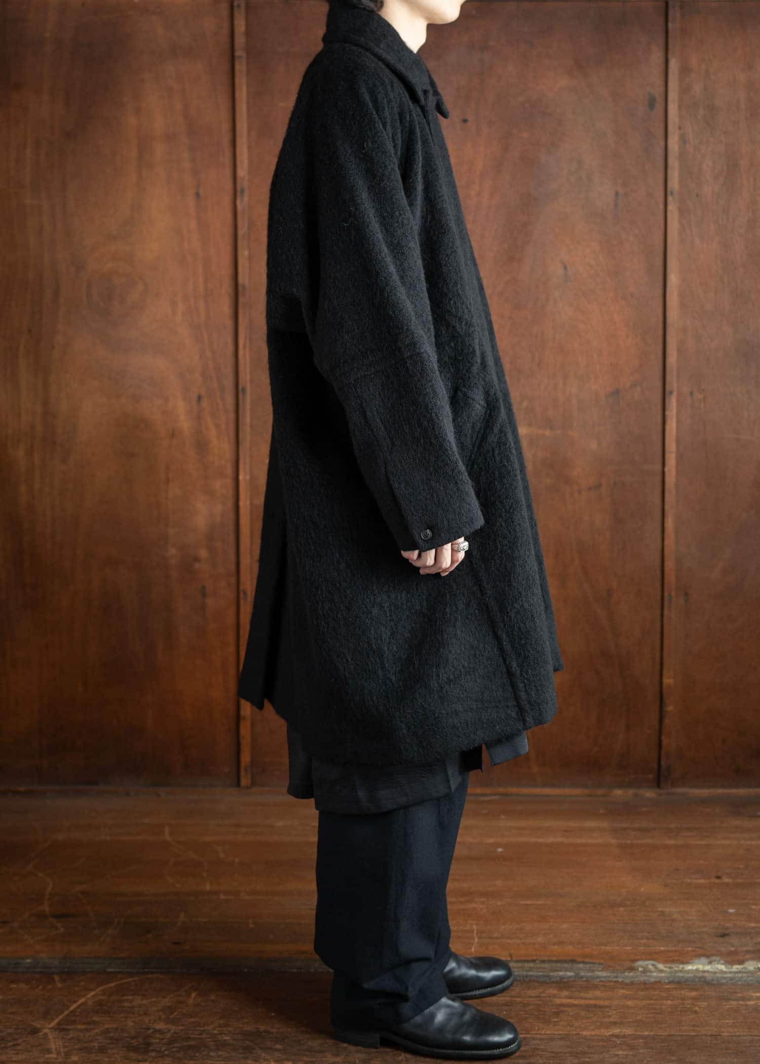 JAN-JAN VAN ESSCHE COAT#30 Oversized Double Breasted Car Coat Tumbled Herringbone Black