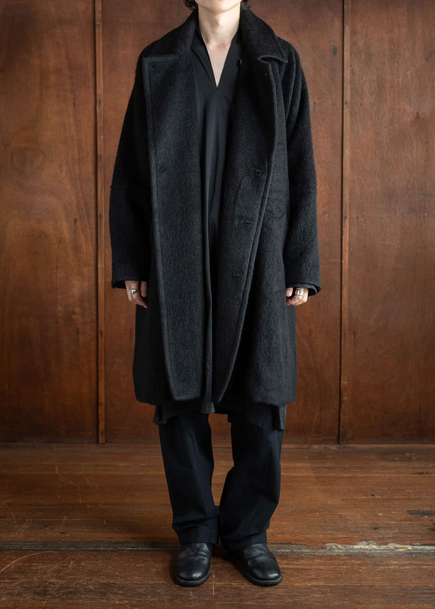 JAN-JAN VAN ESSCHE COAT#30 Oversized Double Breasted Car Coat Tumbled Herringbone Black