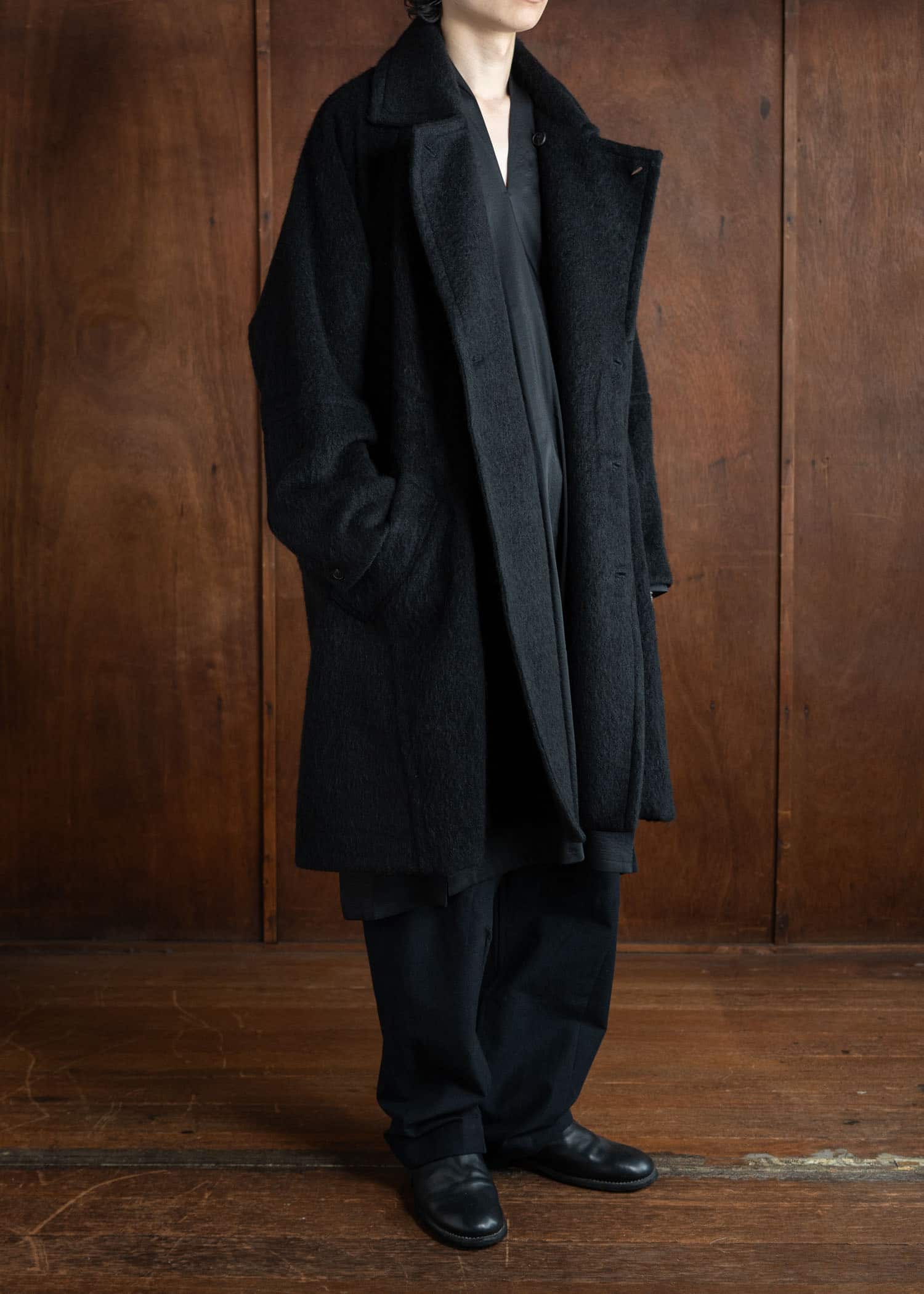 JAN-JAN VAN ESSCHE COAT#30 Oversized Double Breasted Car Coat Tumbled Herringbone Black