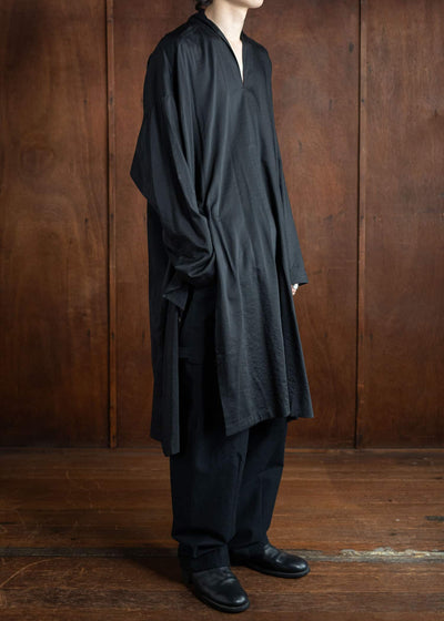 JAN-JAN VAN ESSCHE TUNIC#37 Kimono Collar Loose Fit Tunic With Side Buttons Boiled Wool Silk Cloth Black