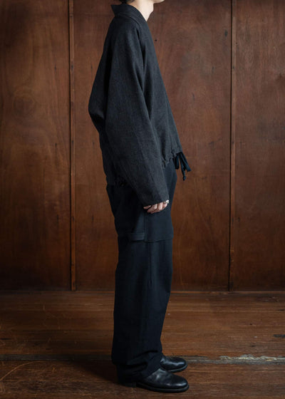 JAN-JAN VAN ESSCHE SWEAT#62 Kimono Collar Woven Sweat Wool Linen Canvas Black Mele