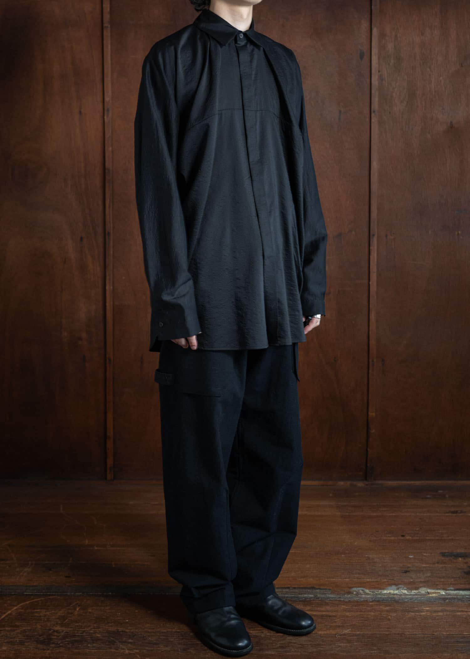 JAN-JAN VAN ESSCHE SHIRT#101 Loose Fit Button-Up Dress Shirt With Asymmetrical Back Pleat Boiled Wool Silk Cloth Black