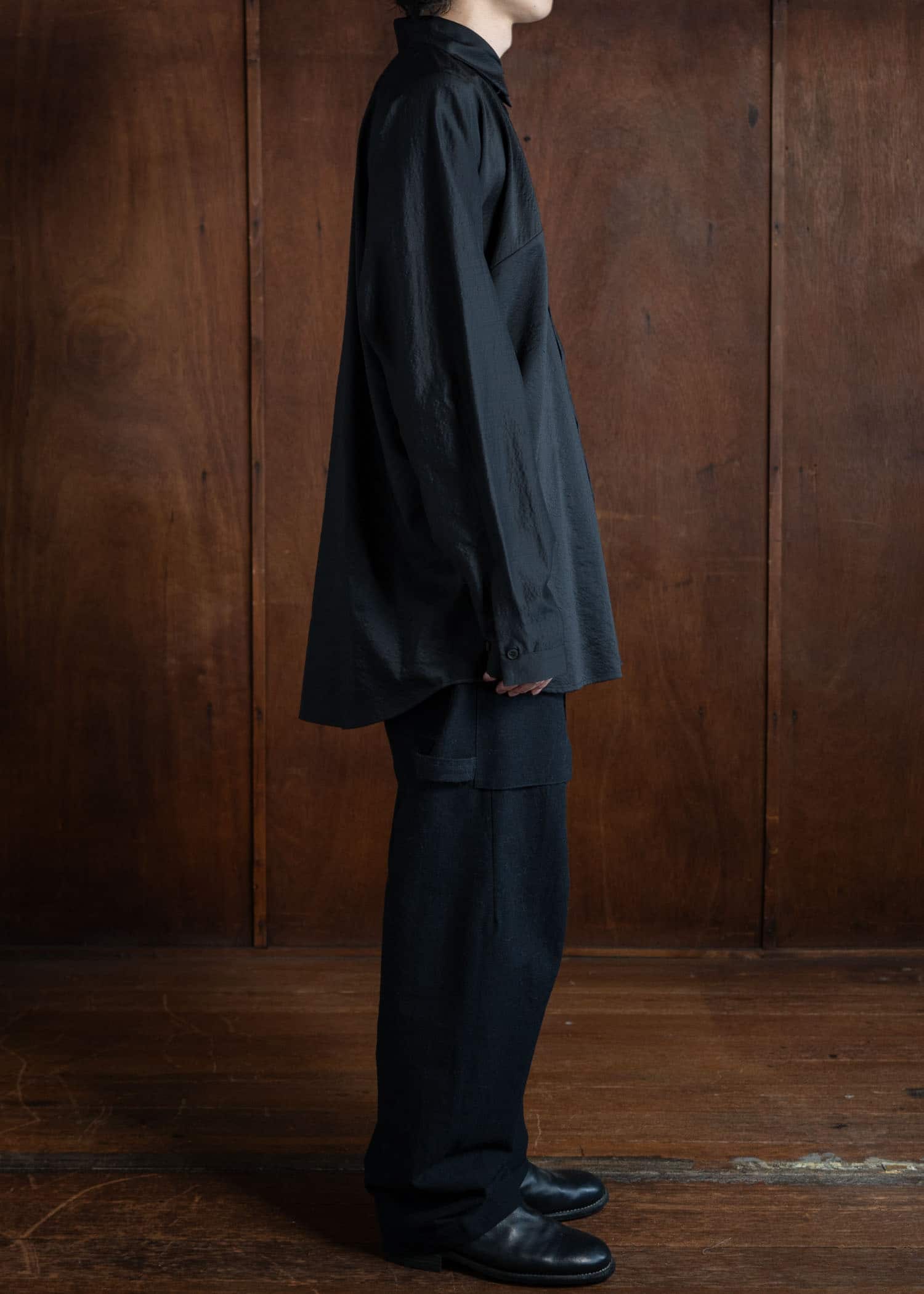 JAN-JAN VAN ESSCHE SHIRT#101 Loose Fit Button-Up Dress Shirt With Asymmetrical Back Pleat Boiled Wool Silk Cloth Black