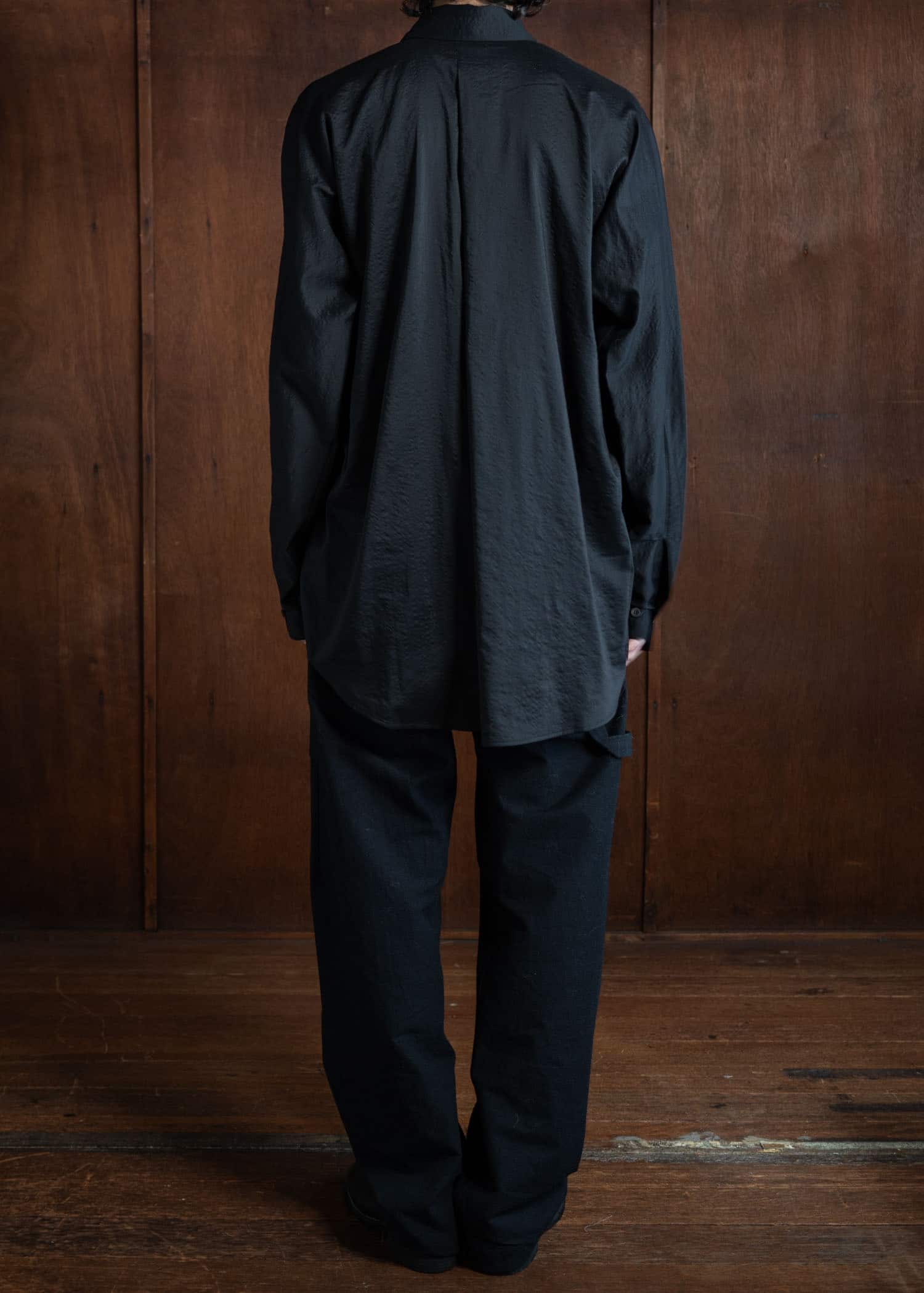 JAN-JAN VAN ESSCHE SHIRT#101 Loose Fit Button-Up Dress Shirt With Asymmetrical Back Pleat Boiled Wool Silk Cloth Black