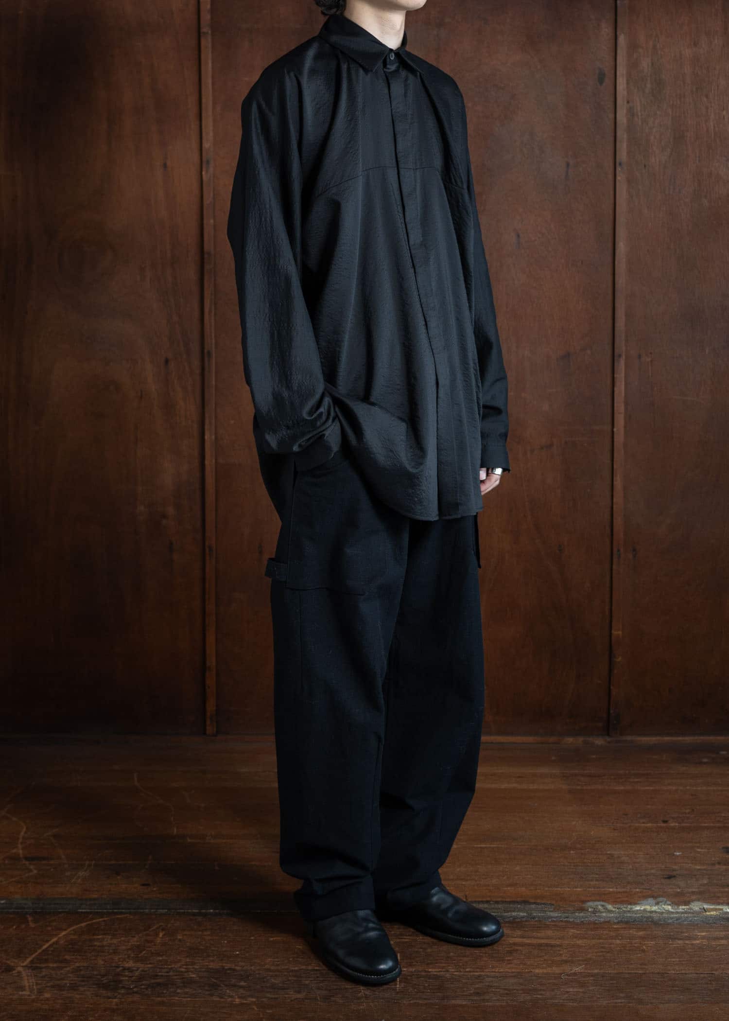 JAN-JAN VAN ESSCHE SHIRT#101 Loose Fit Button-Up Dress Shirt With Asymmetrical Back Pleat Boiled Wool Silk Cloth Black