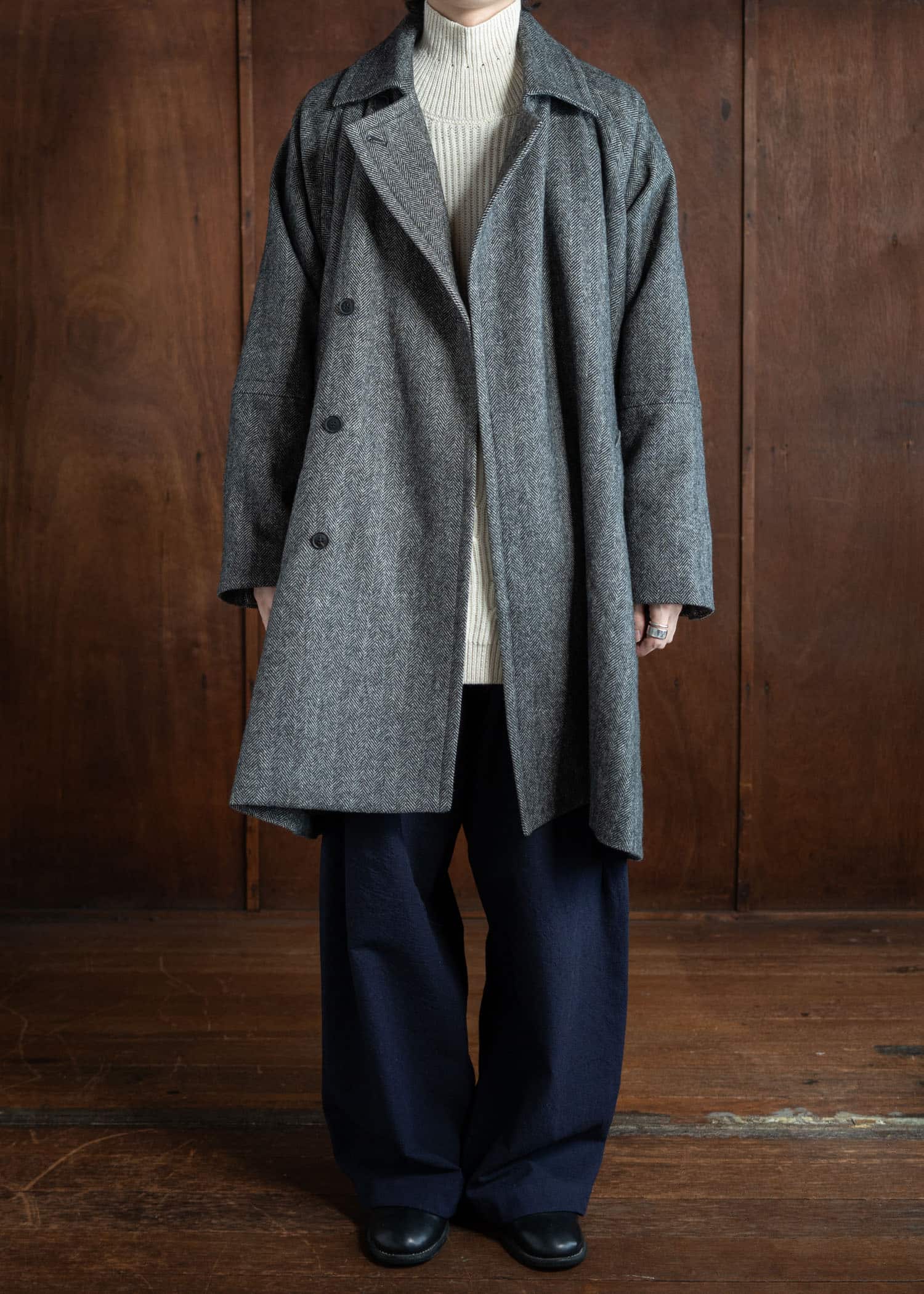 JAN-JAN VAN ESSCHE COAT#30 Oversized Double Breasted Car Coat Herringbone Yak Wool Black & White