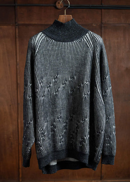 JAN-JAN VAN ESSCHE KNIT#67 Wide Fit Cable Knitted Turtle Neck Sweater Wool Lino Anthracite-White