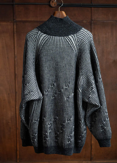 JAN-JAN VAN ESSCHE KNIT#67 Wide Fit Cable Knitted Turtle Neck Sweater Wool Lino Anthracite-White