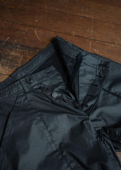 JAN-JAN VAN ESSCHE TROUSERS#82 Tapered Leg Trousers Coated Cotton Ribstop Off Black