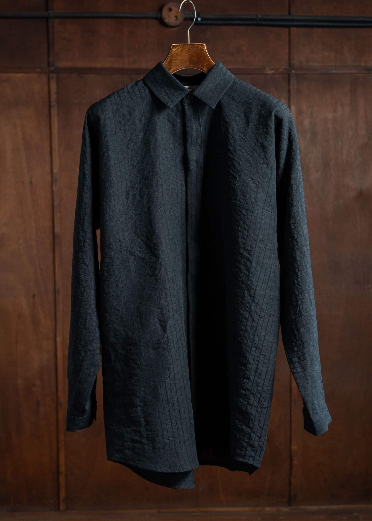 JAN-JAN VAN ESSCHE SHIRT#101 Loose Fit Button-Up Dress Shirt Cotton Linen Relief Striped Black