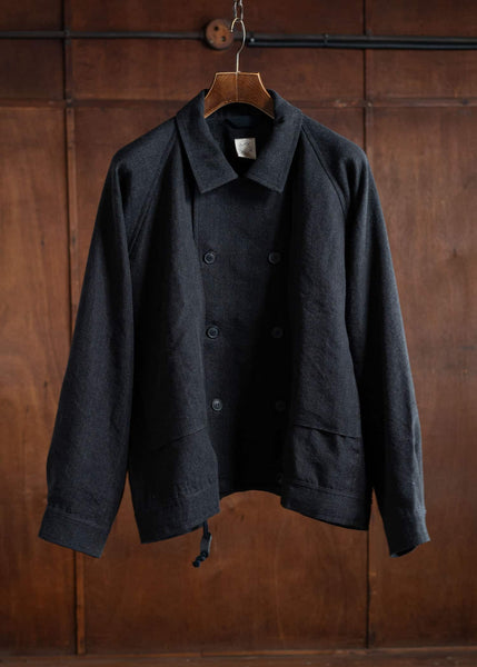 JAN-JAN VAN ESSCHE JACKET#58 Loose Fit Eisenhower Style Double Breasted Jacket Wool Linen Canvas Black Mele