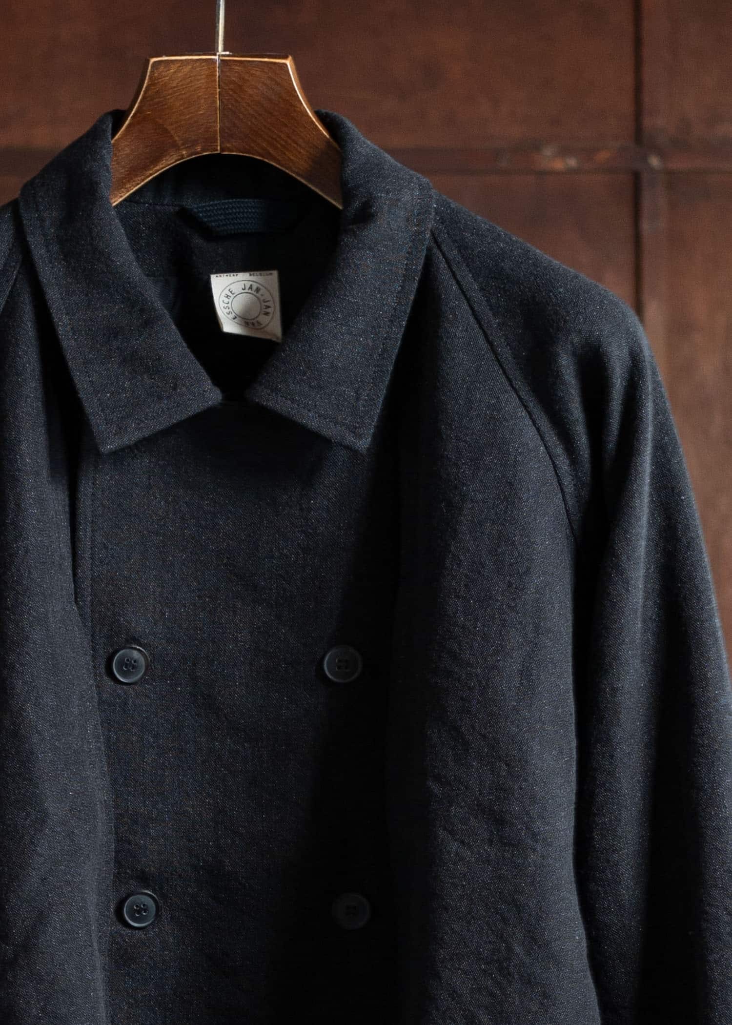 JAN-JAN VAN ESSCHE JACKET#58 Loose Fit Eisenhower Style Double Breasted Jacket Wool Linen Canvas Black Mele