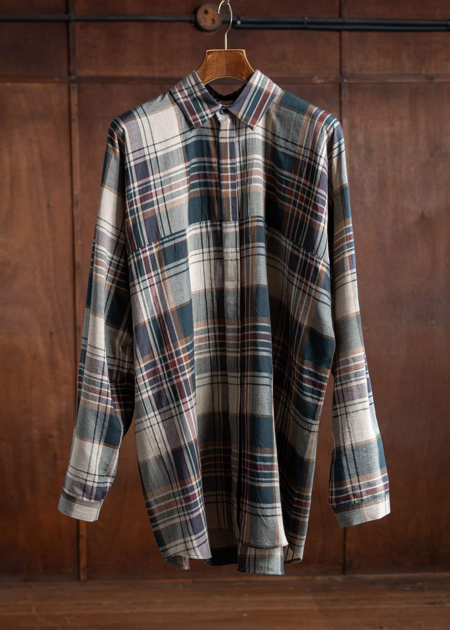 JAN-JAN VAN ESSCHE SHIRT#101 Loose Fit Button-Up Dress Shirt Madrasⅱ Sand-Green-Burgundy