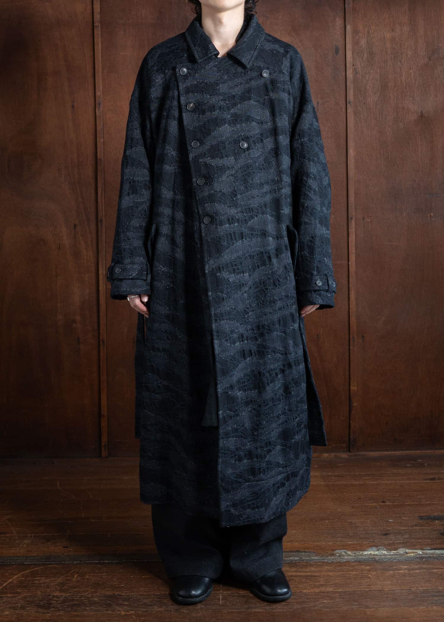 JAN-JAN VAN ESSCHE COAT#31 Loose Fit Army Style Long Coat Camoflage Denim Black