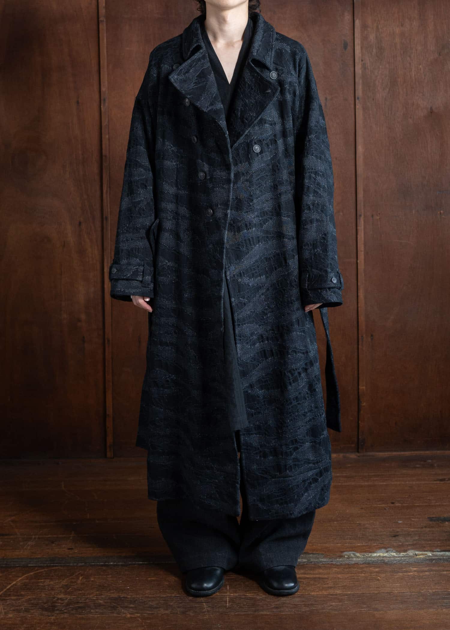 JAN-JAN VAN ESSCHE COAT#31 Loose Fit Army Style Long Coat Camoflage Denim Black