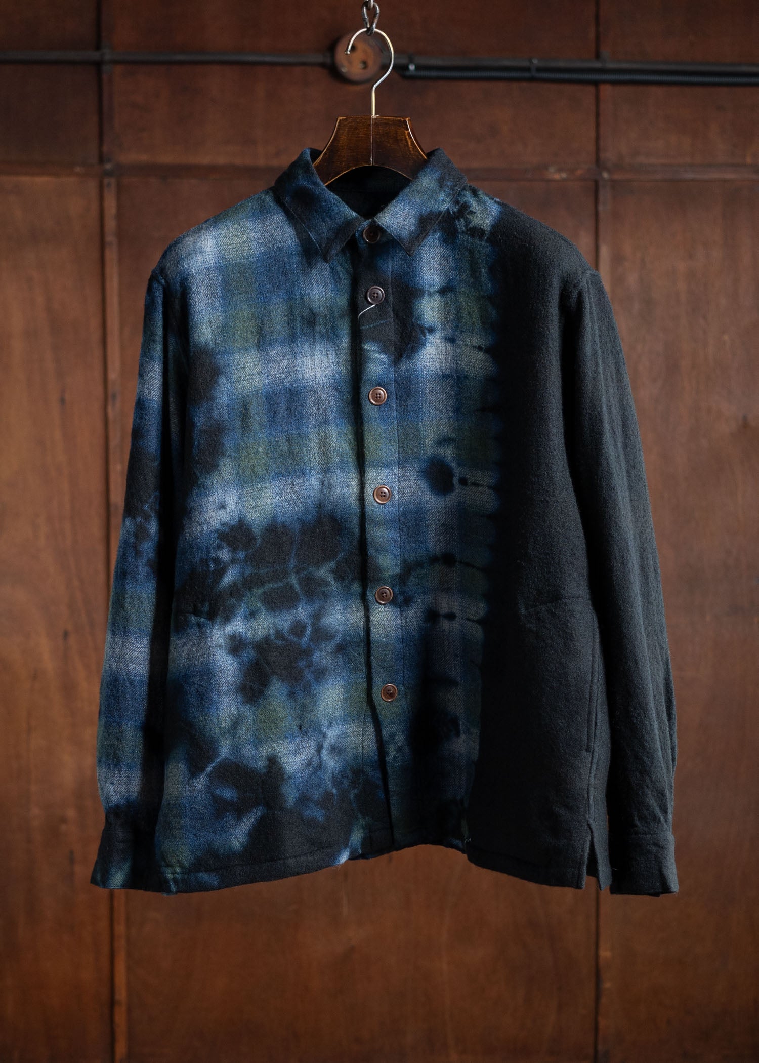 SUZUSAN Wool Ombre Check O Vershirt Madara Shibori Fragment Black X Dark Blue 4057W-011-1022