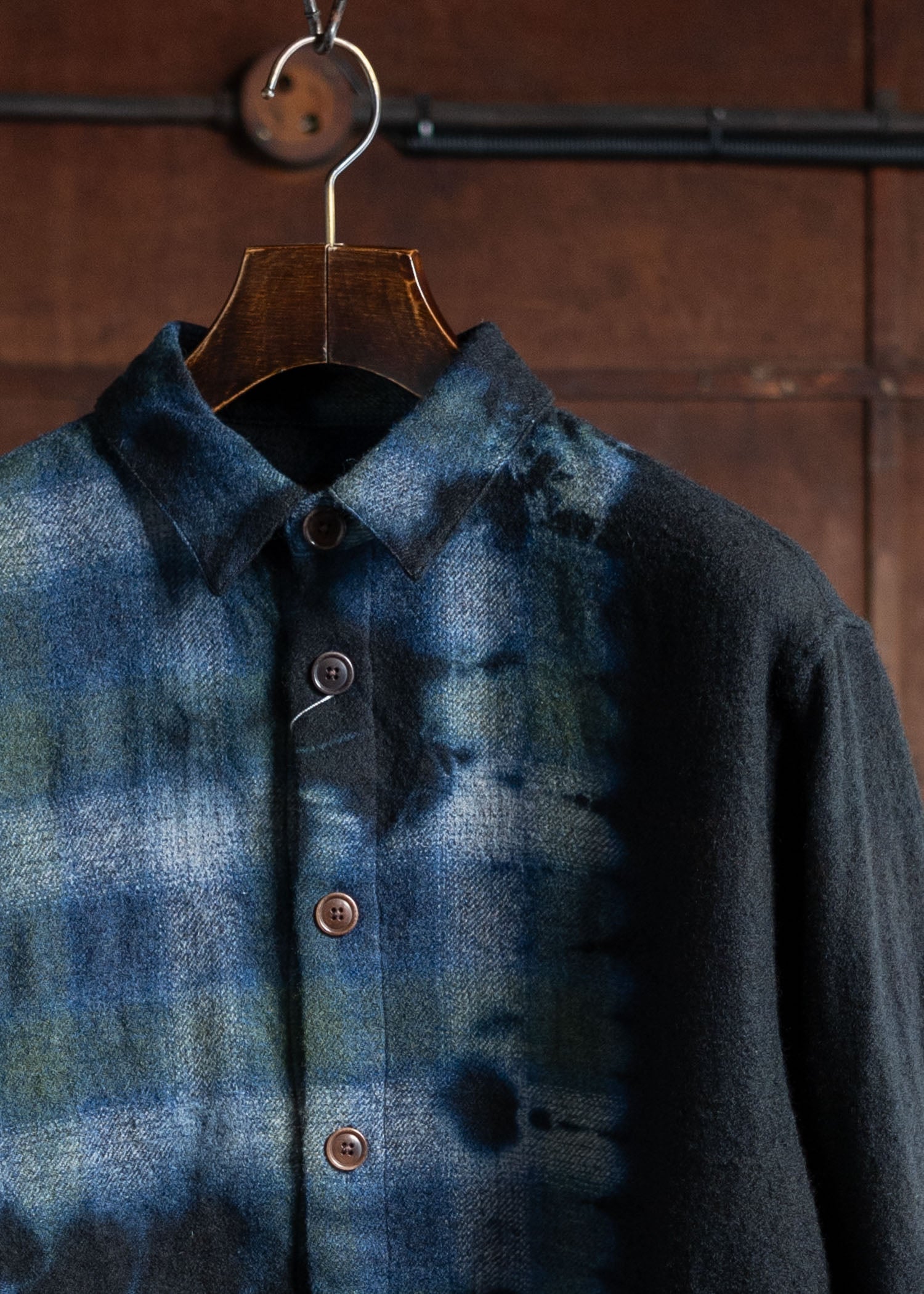 SUZUSAN Wool Ombre Check O Vershirt Madara Shibori Fragment Black X Dark Blue 4057W-011-1022