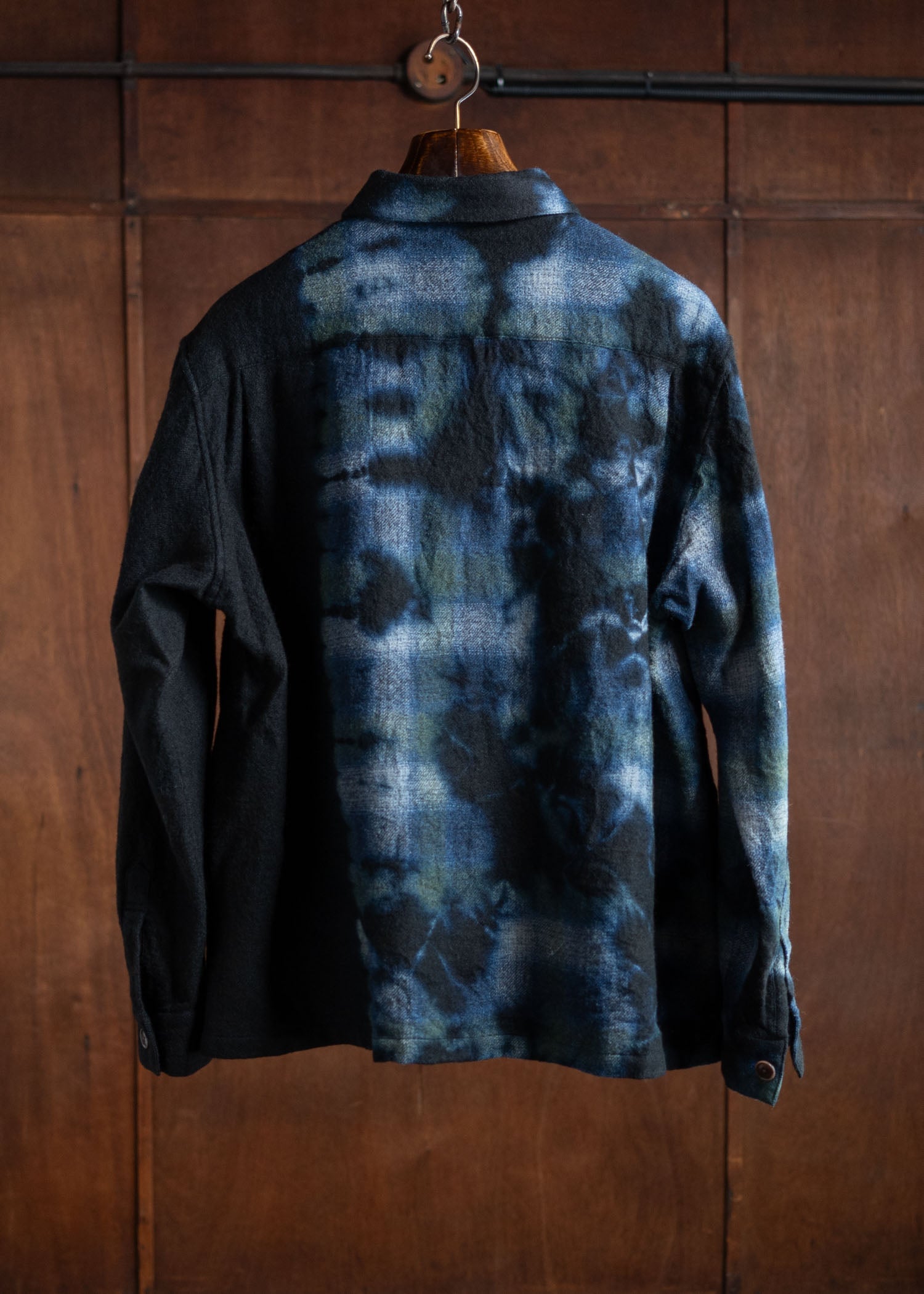 SUZUSAN Wool Ombre Check O Vershirt Madara Shibori Fragment Black X Dark Blue 4057W-011-1022