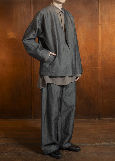 JAN-JAN VAN ESSCHE JACKET#59-CAVALRY TWILL GRAY MELE Unlined Collarless Blazer Cavalry Twill Gray Mele