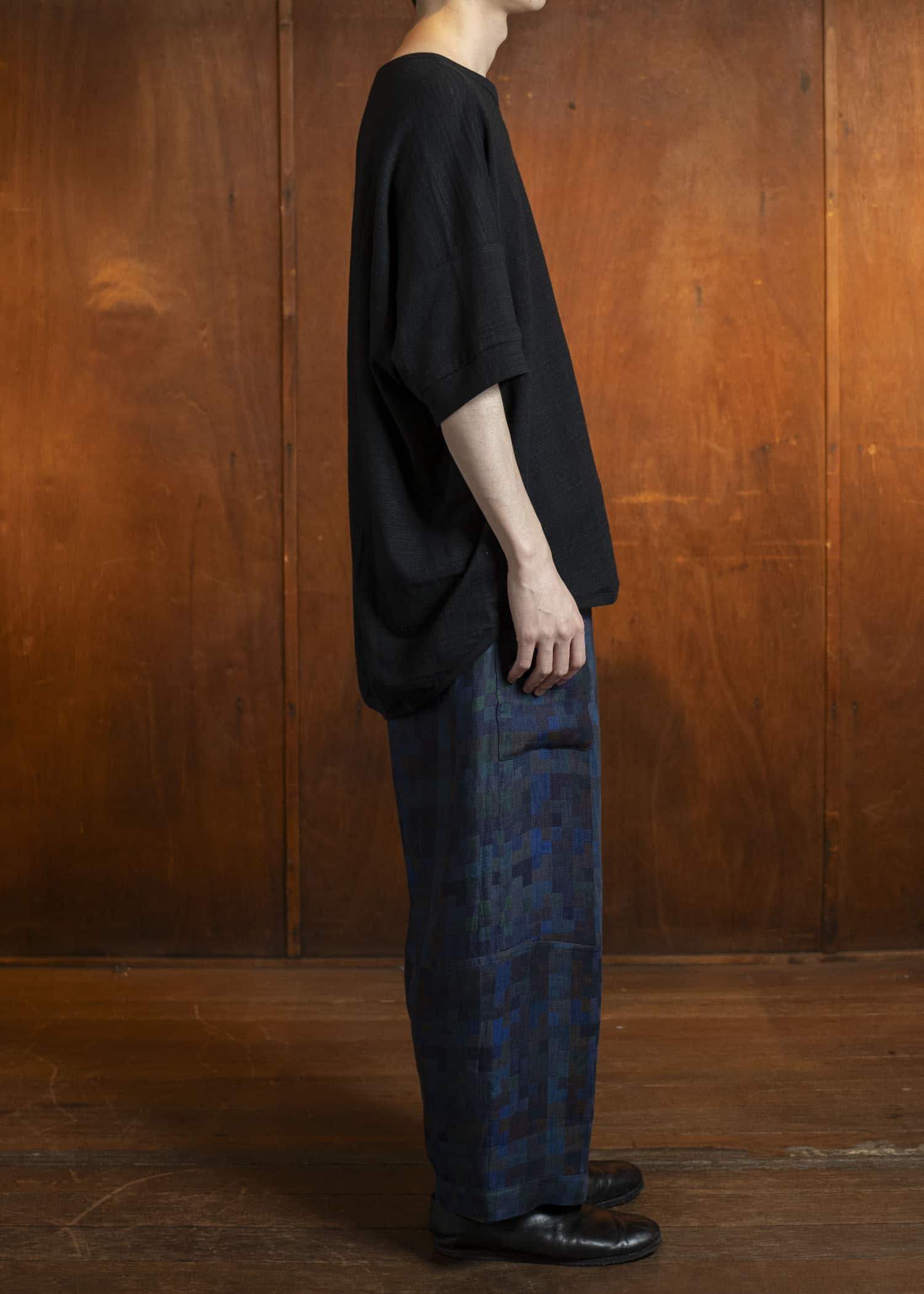 JAN-JAN VAN ESSCHE TROUSERS#86-LINEN DOUBLE CLOTH PUZZLE Loose Fit Trousers With Elastic Waistband Linen Double Cloth Puzzle