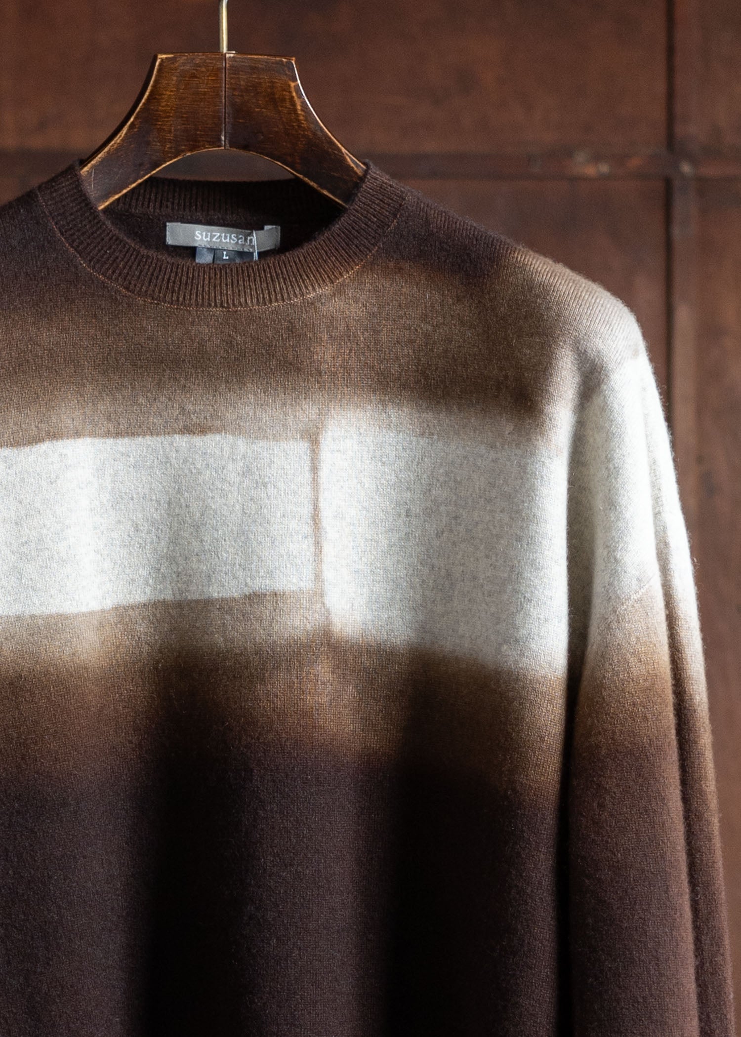 SUZUSAN Cashmere Seamless Crew Neck Wide Pullover Dar K Brown X Light Grey 3080K-542-6114