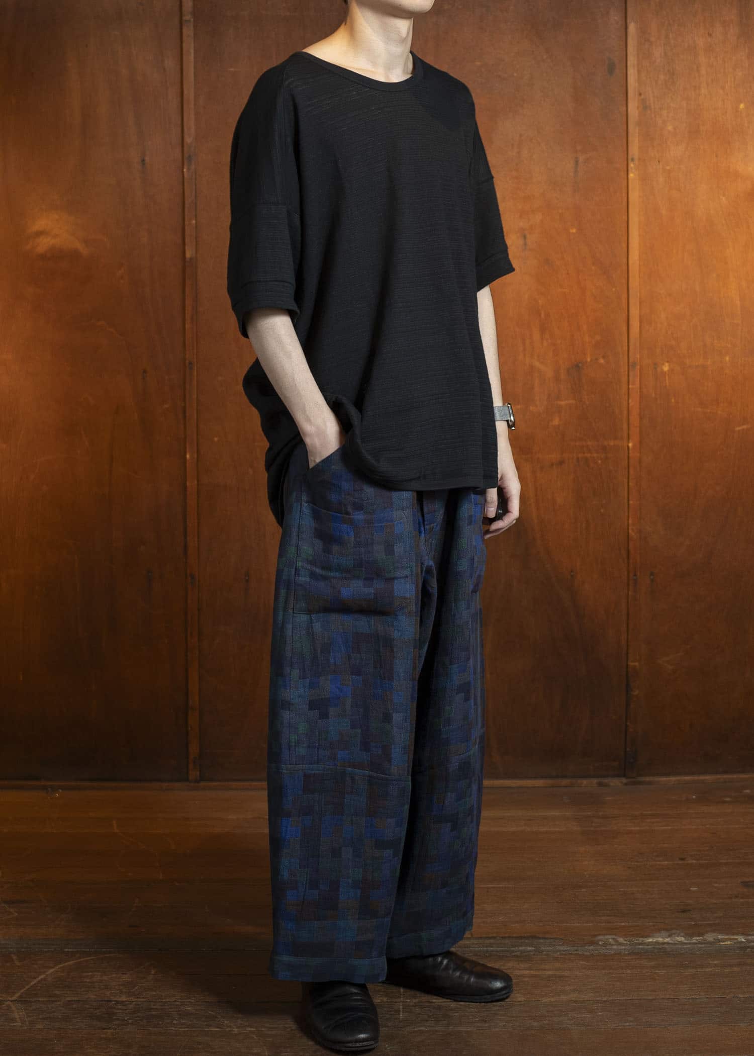 JAN-JAN VAN ESSCHE TROUSERS#86-LINEN DOUBLE CLOTH PUZZLE Loose Fit Trousers With Elastic Waistband Linen Double Cloth Puzzle