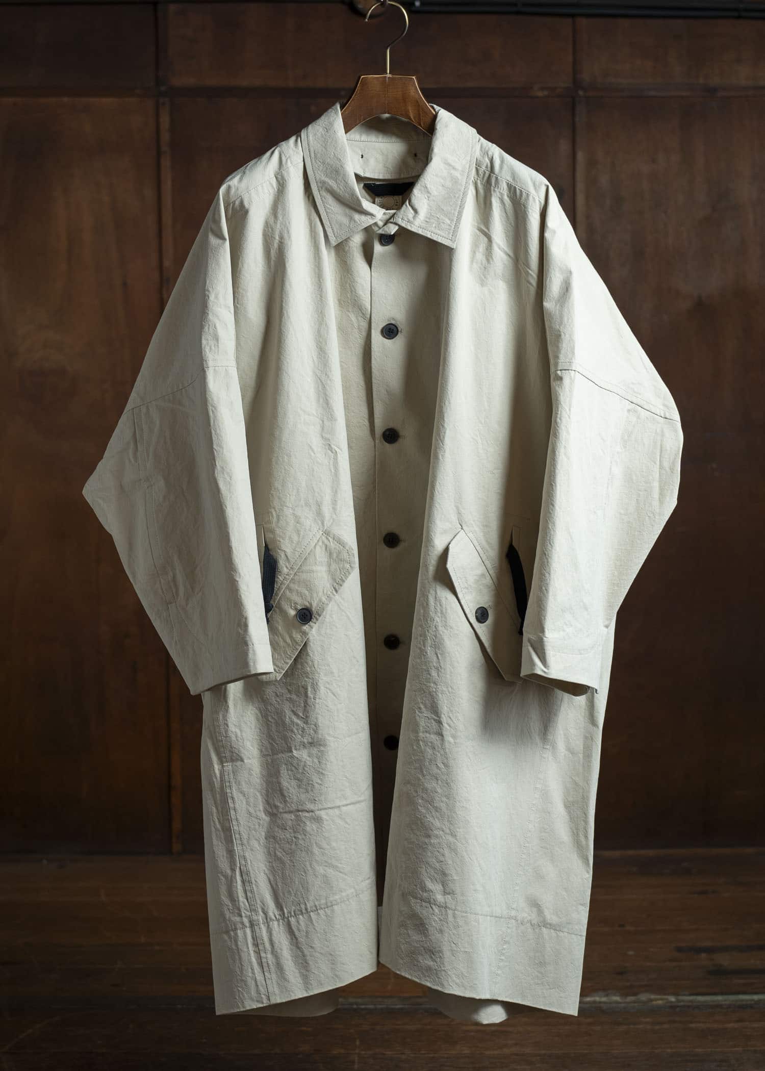 JAN-JAN VAN ESSCHE COAT#32-TIME WASHED CANVAS CHALK Long, Loose Fit Coat With Front Panel Pockets, Unlined With Detachable Collar Time Washed Canvas Chalk
