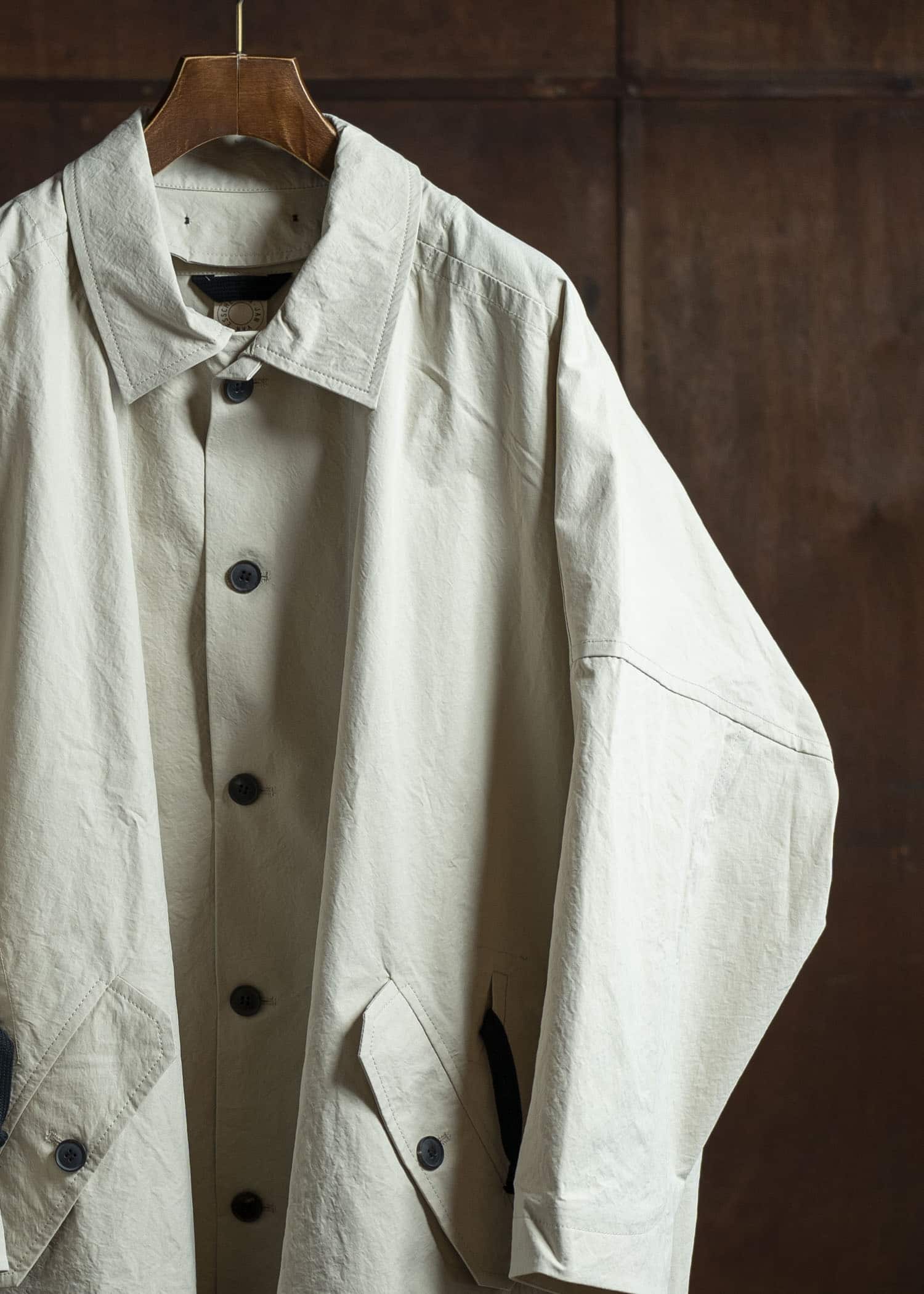 JAN-JAN VAN ESSCHE COAT#32-TIME WASHED CANVAS CHALK Long, Loose Fit Coat With Front Panel Pockets, Unlined With Detachable Collar Time Washed Canvas Chalk