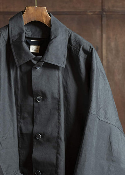 JAN-JAN VAN ESSCHE COAT#32-COATED CLOTH TAR BLACK Long, Loose Fit Coat With Front Panel Pockets, Unlined With Detachable Collar Coated Cloth Tar Black