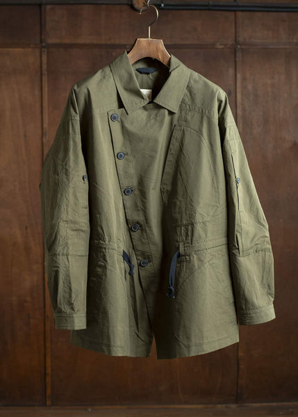 JAN-JAN VAN ESSCHE JACKET#60-COTTON SILK CANVAS ARMY GREEN Perfecto-Style Jacket With Patched Pockets On Body And Sleeves, Unlined Cotton Silk Canvas Army Green