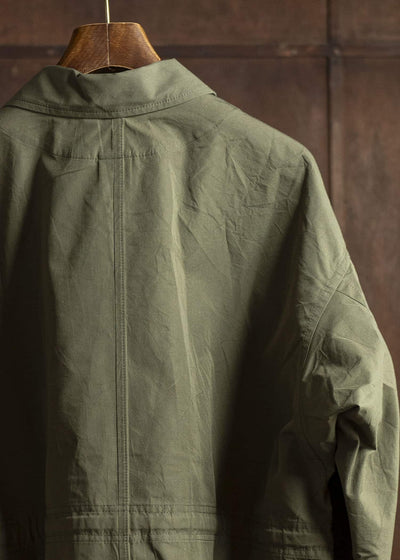 JAN-JAN VAN ESSCHE JACKET#60-COTTON SILK CANVAS ARMY GREEN Perfecto-Style Jacket With Patched Pockets On Body And Sleeves, Unlined Cotton Silk Canvas Army Green