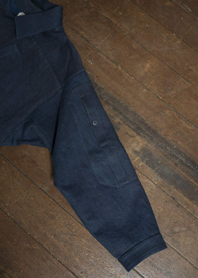 JAN-JAN VAN ESSCHE JACKET#60-SUMI DENIM AIZOME OVERDYED Perfecto-Style Jacket With Patched Pockets On Body And Sleeves, Unlined Sumi Denim Aizome Overdyed