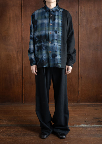 SUZUSAN Wool Cashmere Herri Ngbone Wide Trousers  Tesuji Shibori Fragment Black X Muddy Brown 5042WNK-021-1010