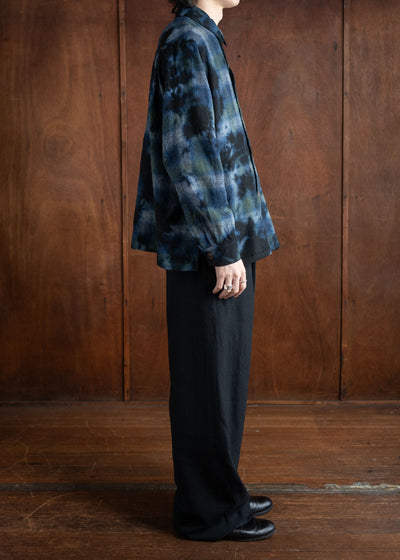 SUZUSAN Wool Cashmere Herri Ngbone Wide Trousers  Tesuji Shibori Fragment Black X Muddy Brown 5042WNK-021-1010