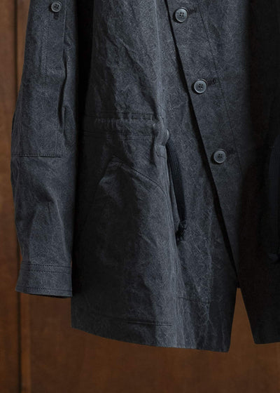 JAN-JAN VAN ESSCHE JACKET#60-TIME WASHED CANVAS BLACK Perfecto-Style Jacket With Patched Pockets On Body And Sleeves, Unlined Time Washed Canvas Black