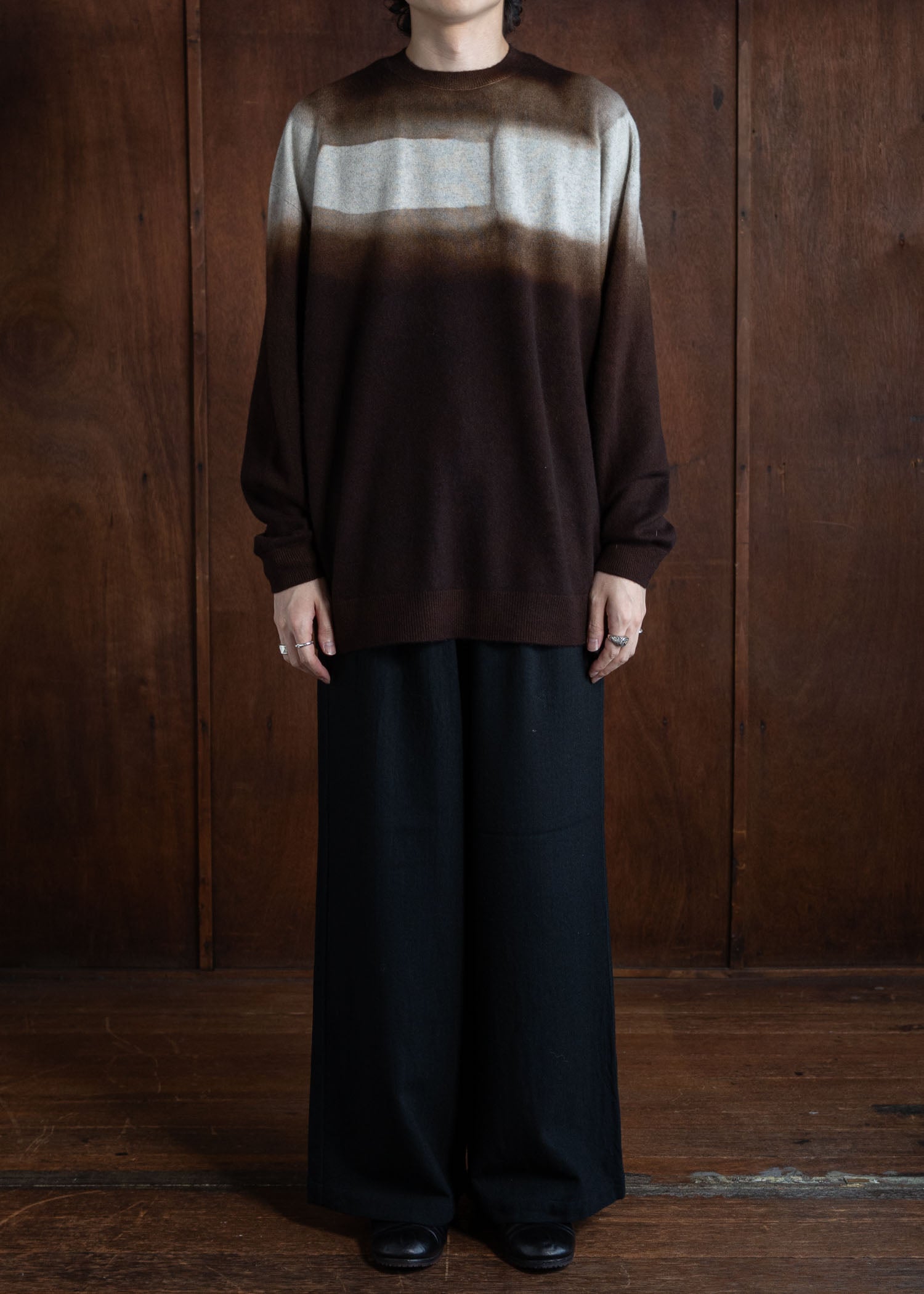 SUZUSAN Wool Cashmere Herri Ngbone Drawstring W Ide Pants Tesuji Shibori Fragment Black X Muddy Brown 5041WNK-021-1010