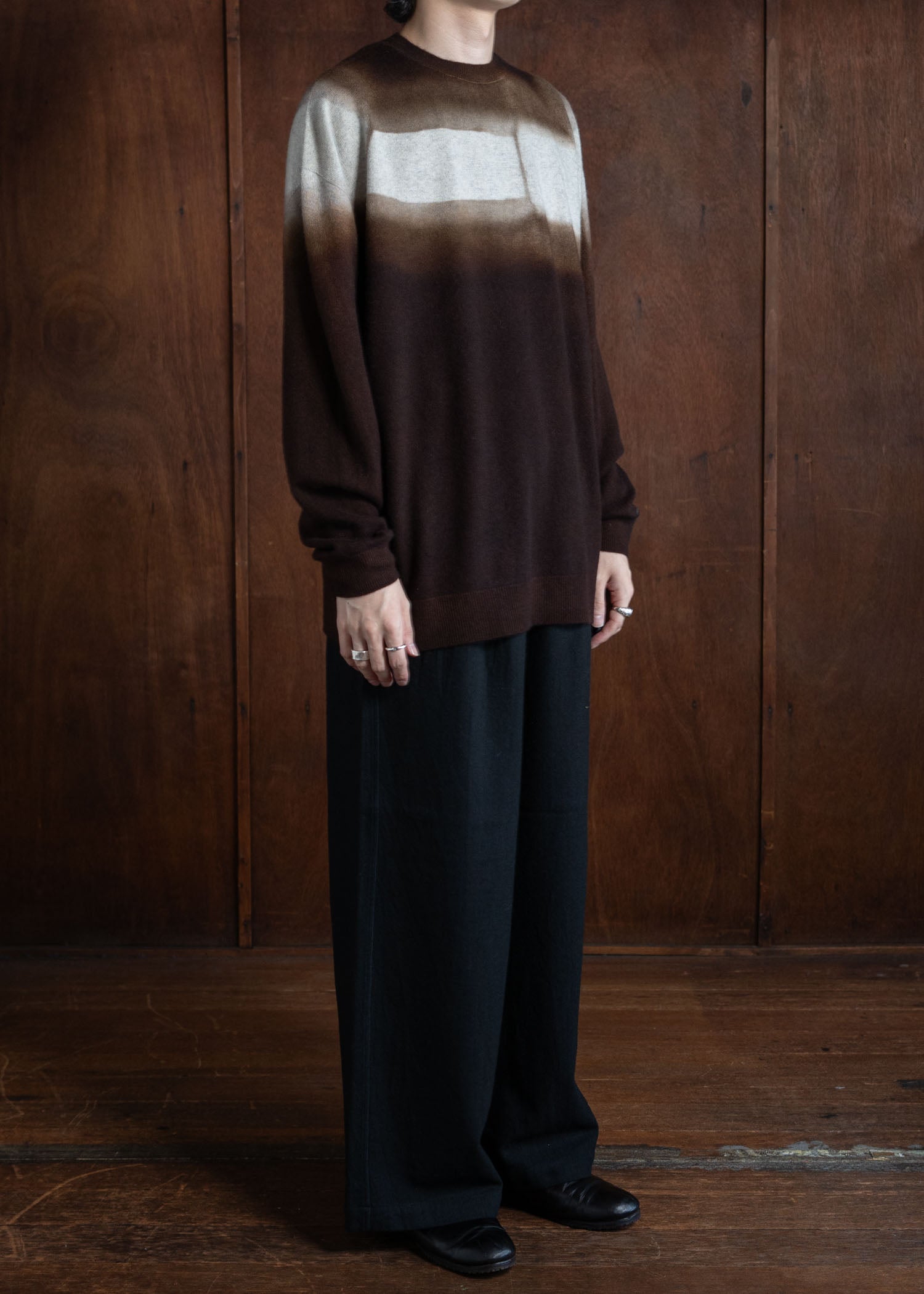 SUZUSAN Wool Cashmere Herri Ngbone Drawstring W Ide Pants Tesuji Shibori Fragment Black X Muddy Brown 5041WNK-021-1010