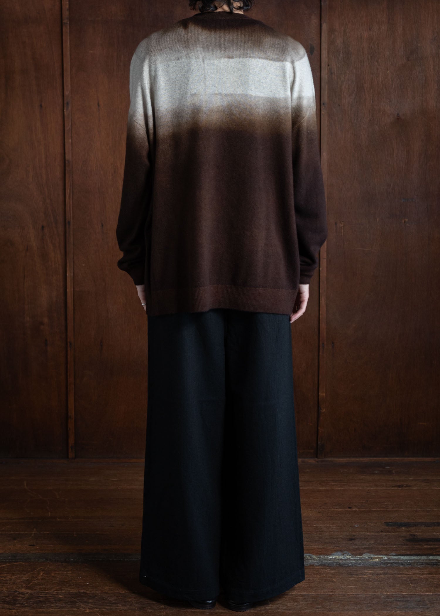 SUZUSAN Cashmere Seamless Crew Neck Wide Pullover Dar K Brown X Light Grey 3080K-542-6114