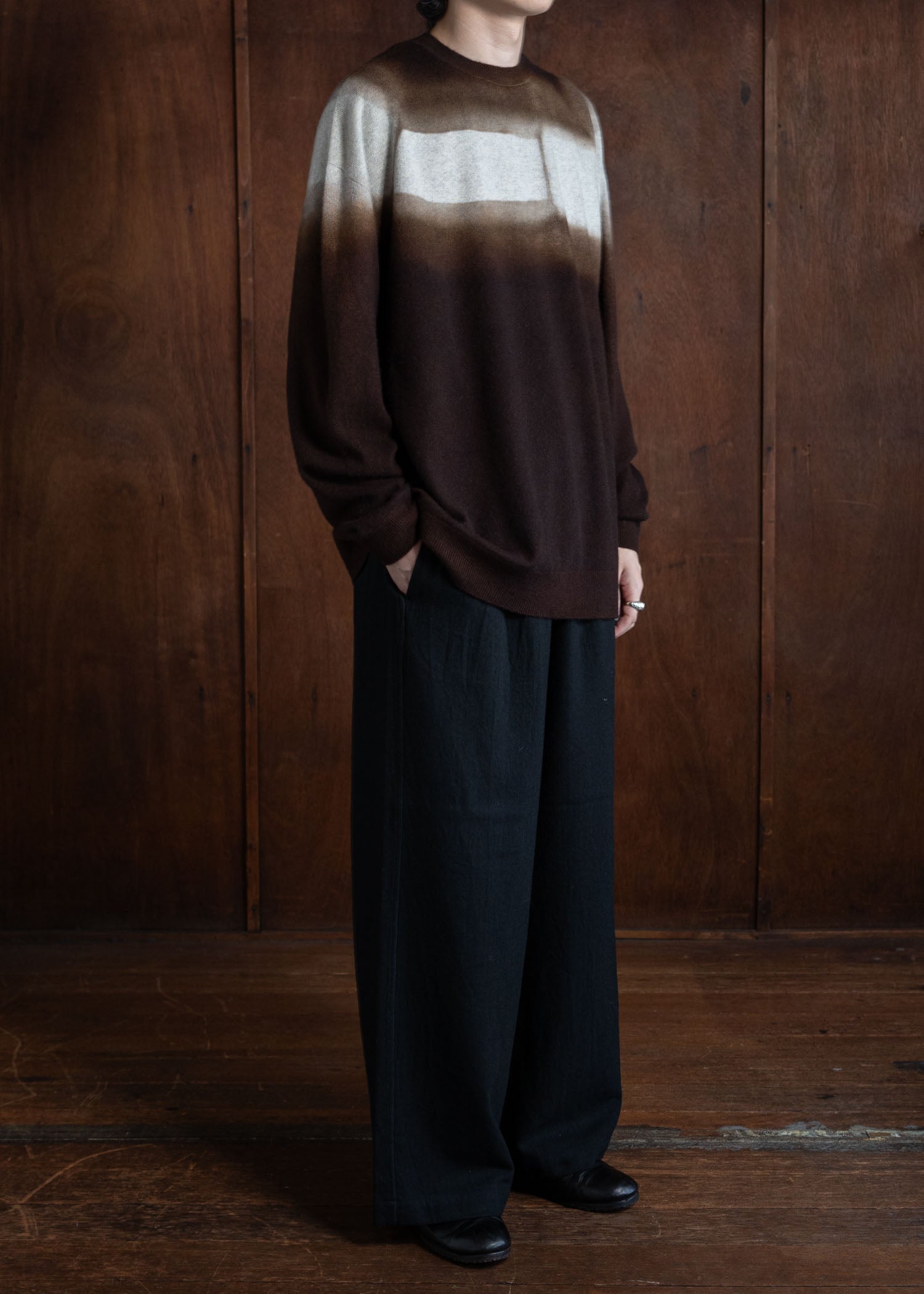 SUZUSAN Wool Cashmere Herri Ngbone Drawstring W Ide Pants Tesuji Shibori Fragment Black X Muddy Brown 5041WNK-021-1010