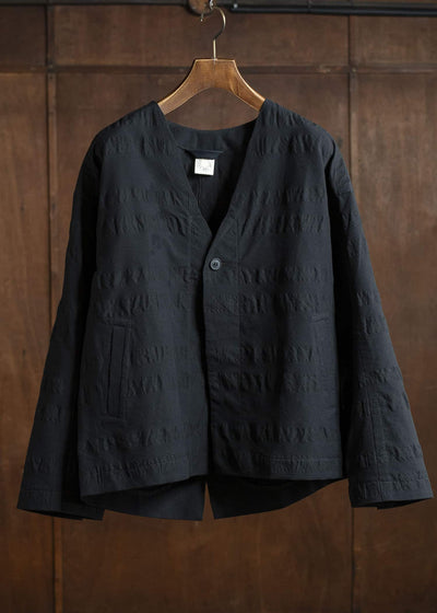 JAN-JAN VAN ESSCHE JACKET#59-BROAD STRIPE CLOTH BLACK Unlined Collarless Blazer Broad Stripe Cloth Black