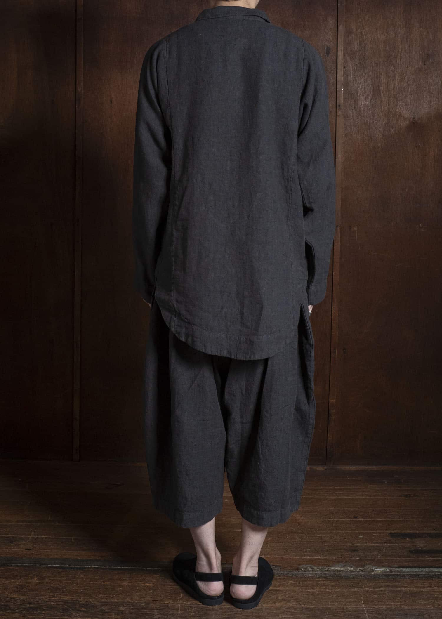 Gathering Textiles Farmer Shirt(Curved) Japanese Stone Washed Linen , Unlined FAS02-LI-BK