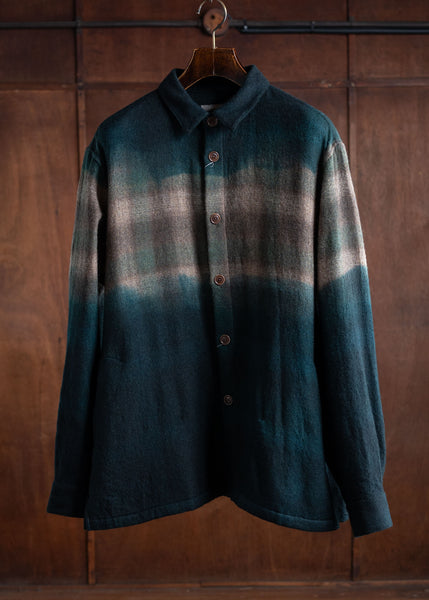 SUZUSAN Wool Ombre Check Overshirt Spruce X Muddy Brown 4057W-542-5467